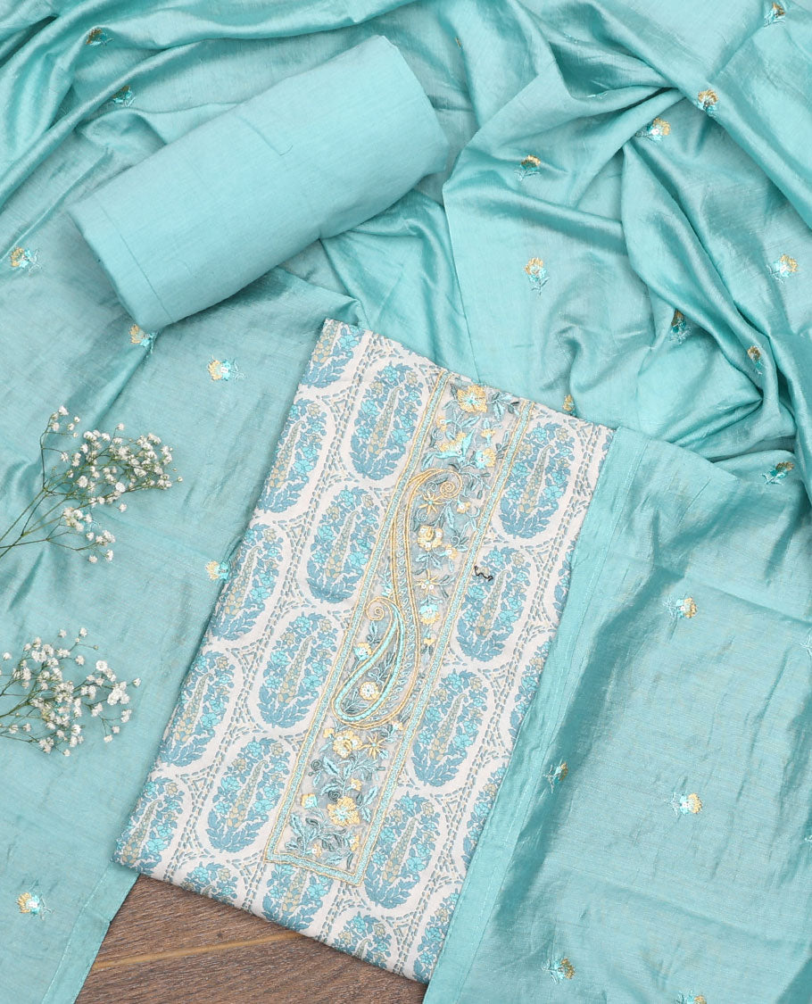 Blue material chudidar set, intricately printed with neck work top, plain bottom, and floral motifs embroidered dupatta