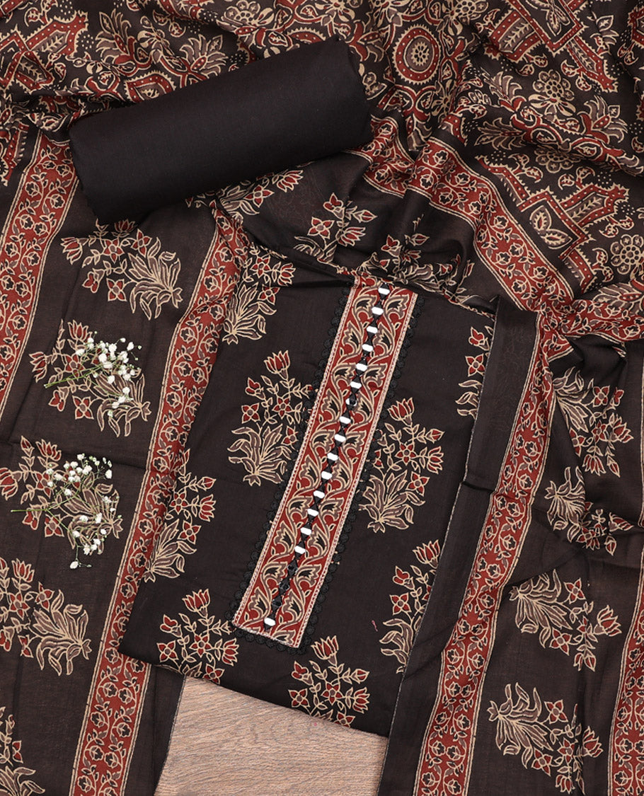 Black Material Chudidar Set, Spotlighted with Floral Printed Cotton Top, a Plain Cotton Bottom, and Paired with a Ajrakh Printed Cotton Dupatta