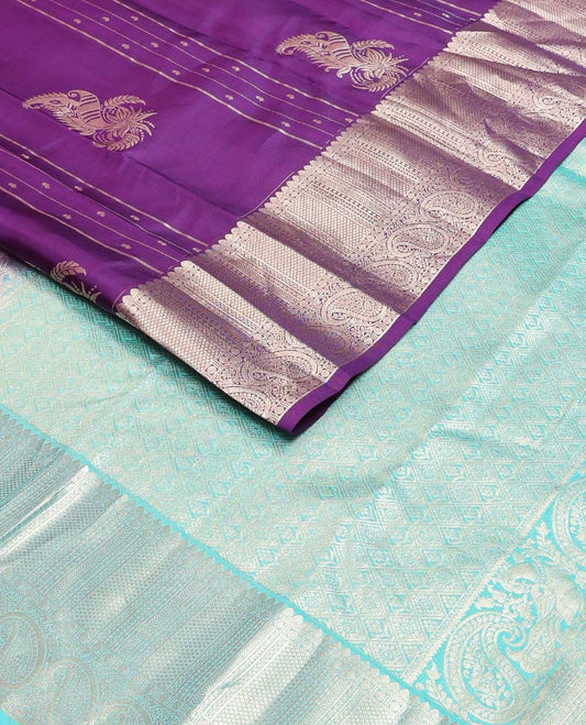 Purple zari design Vasundhara silk mix saree, zari border of thilakam mokku,rudraksham,mayil kann & manga designs & contrast jaal pallu