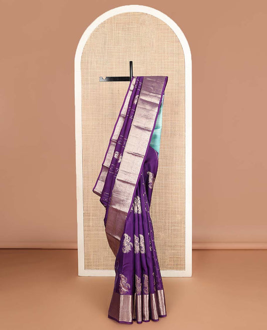 Purple zari design Vasundhara silk mix saree, zari border of thilakam mokku,rudraksham,mayil kann & manga designs & contrast jaal pallu
