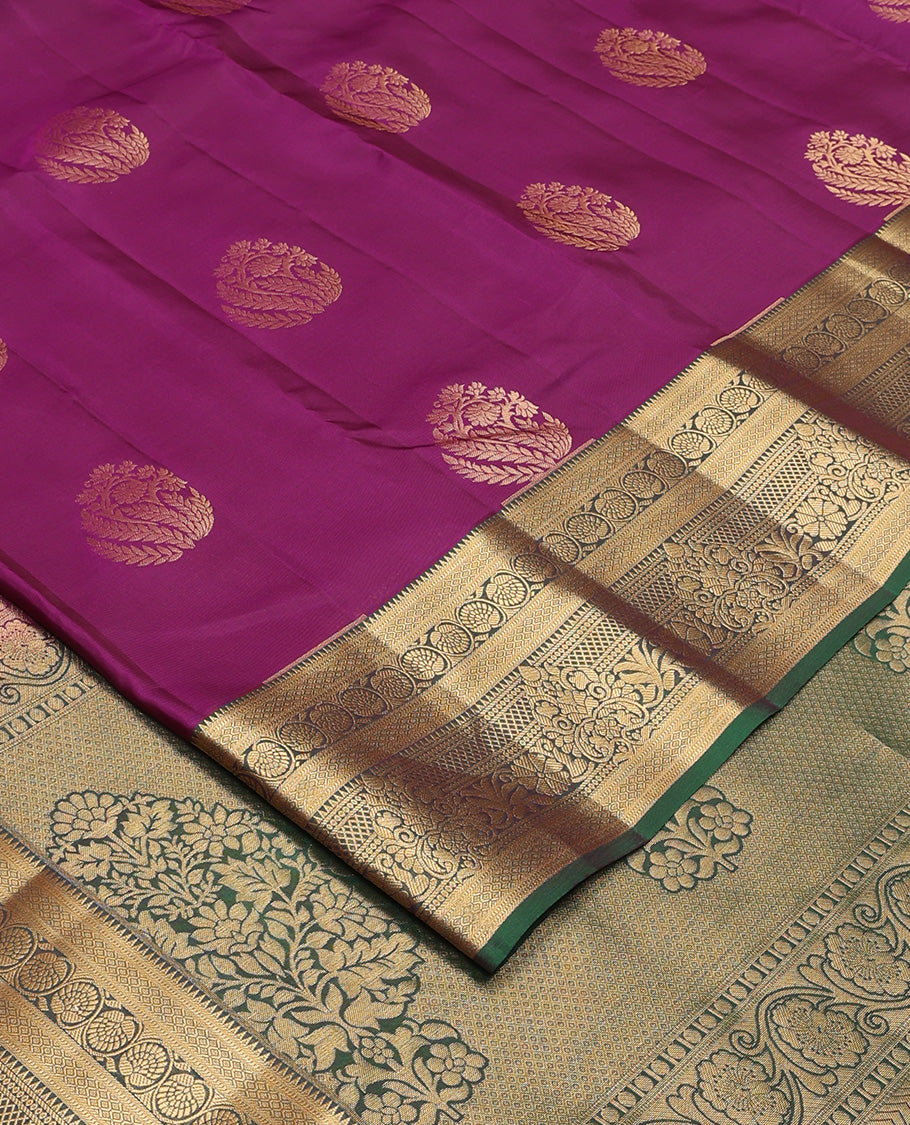Purple zari buttas Vasundhara silk mix saree, contrast traditional zari design border and pallu of floral pallu