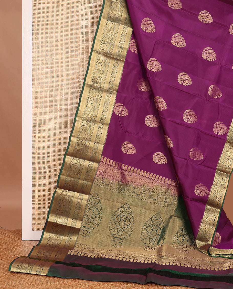 Purple zari buttas Vasundhara silk mix saree, contrast traditional zari design border and pallu of floral pallu