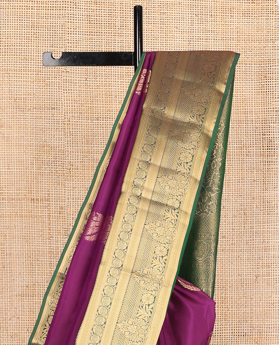 Purple zari buttas Vasundhara silk mix saree, contrast traditional zari design border and pallu of floral pallu