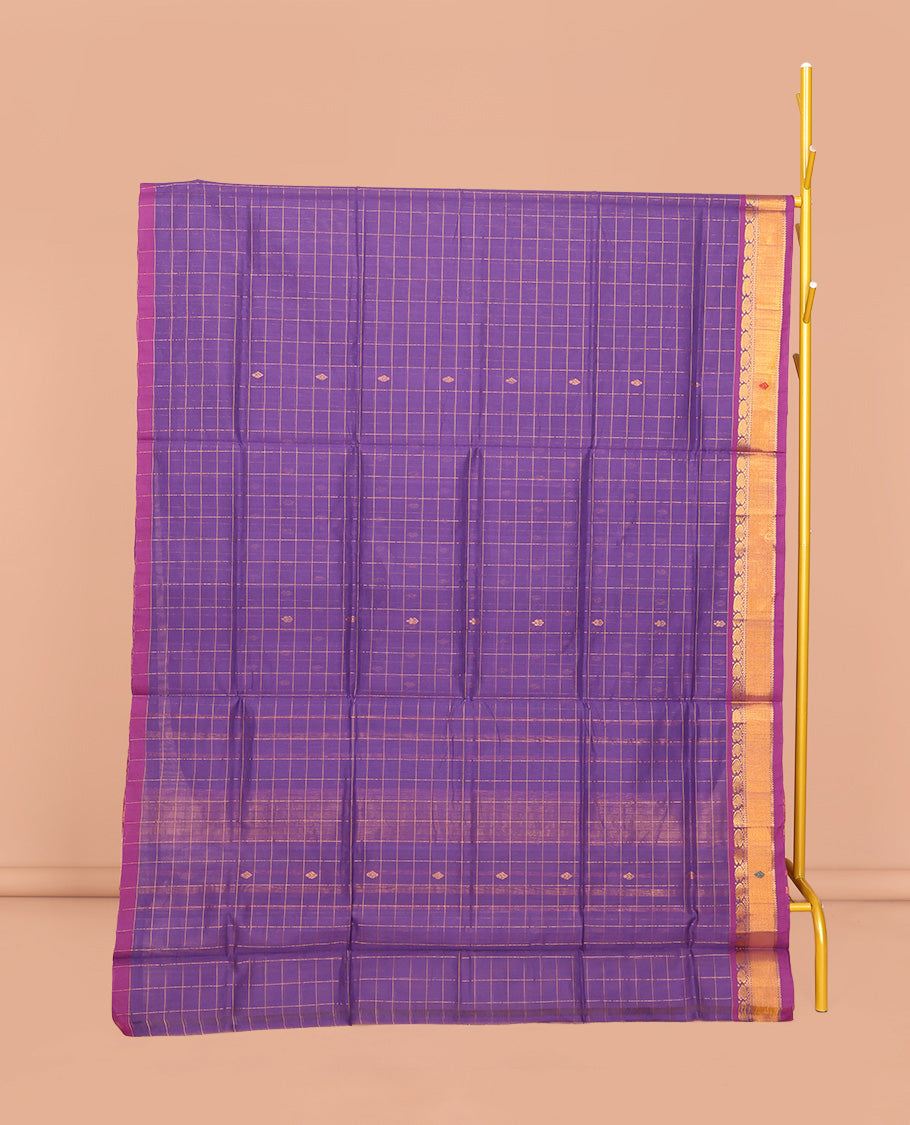 Violet Venkatagiri Cotton Saree, Accentuated with Butta Enclosed Checks, a Contrast Zari-Thread Border, Pallu of Stripes, and No Blouse