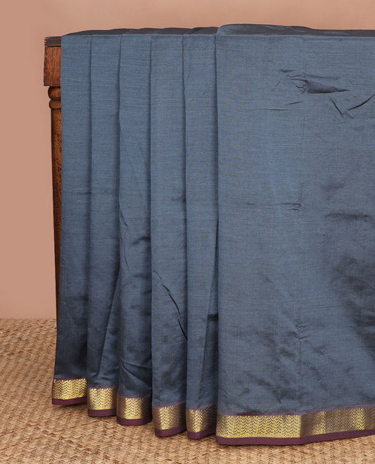 Elephant grey plain poly cotton saree, contrast zari border & contrast striped pallu