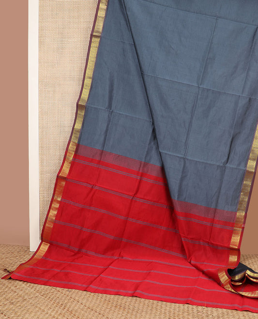 Elephant grey plain poly cotton saree, contrast zari border & contrast striped pallu