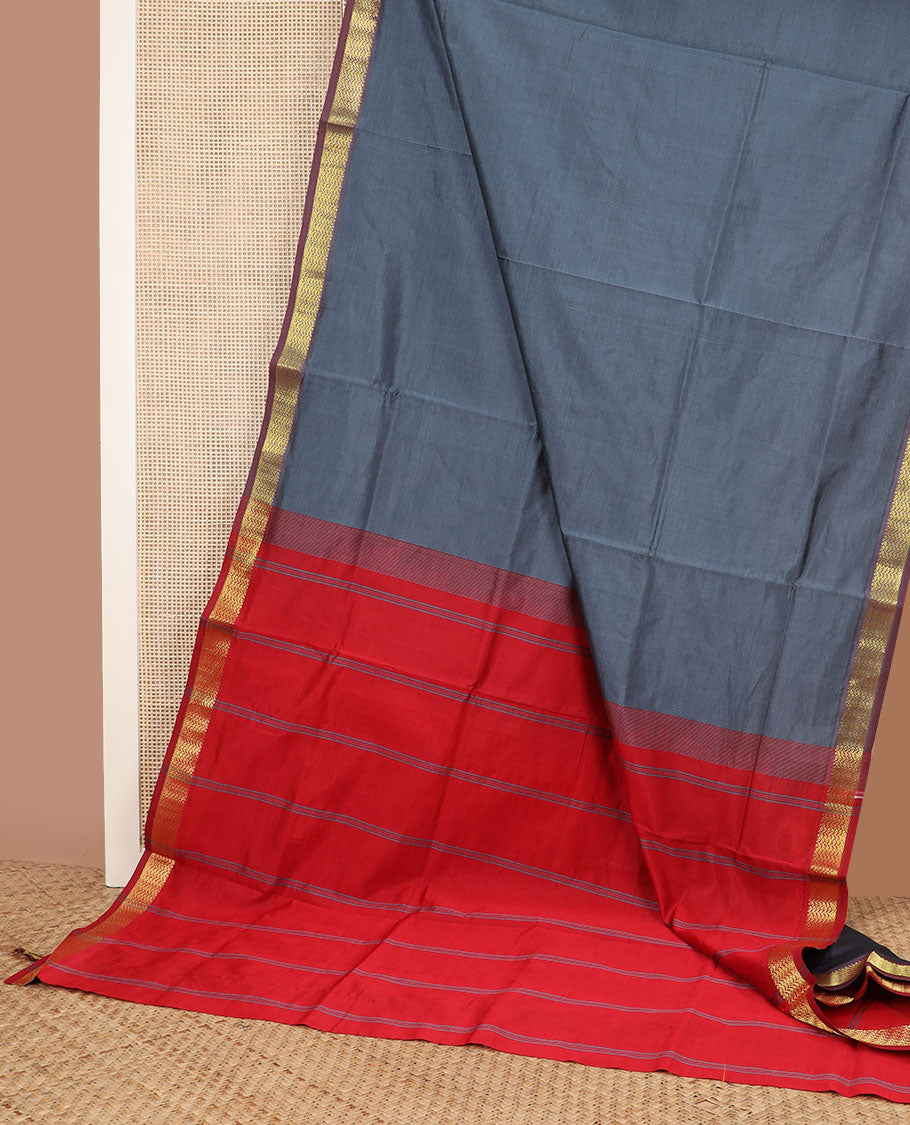 Elephant grey plain poly cotton saree, contrast zari border & contrast striped pallu