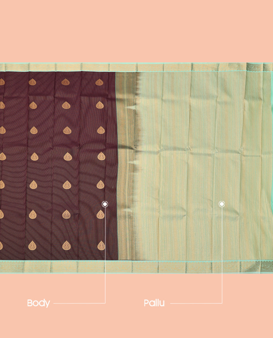 Maroon Budget Silk Saree, Beautifully Bedecked with Zari Buttas and Stripes, a Contrast Traditional Zari Border, Grand Pallu, and a Contrast Blouse