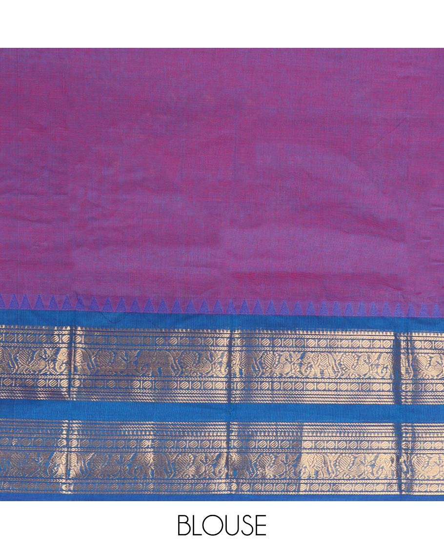 Purple chettinad cotton saree with contrast rettai pettu zari design border & striped pallu