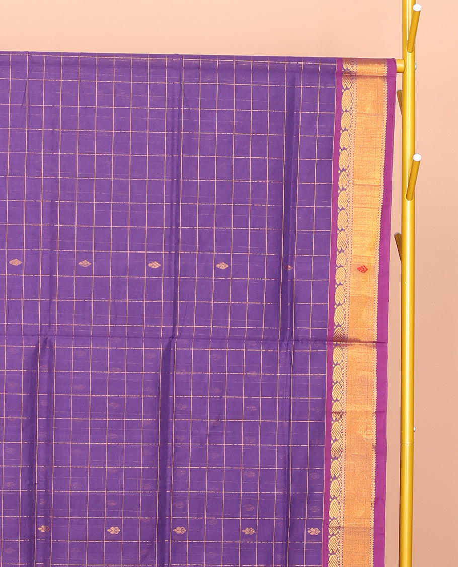 Violet Venkatagiri Cotton Saree, Accentuated with Butta Enclosed Checks, a Contrast Zari-Thread Border, Pallu of Stripes, and No Blouse