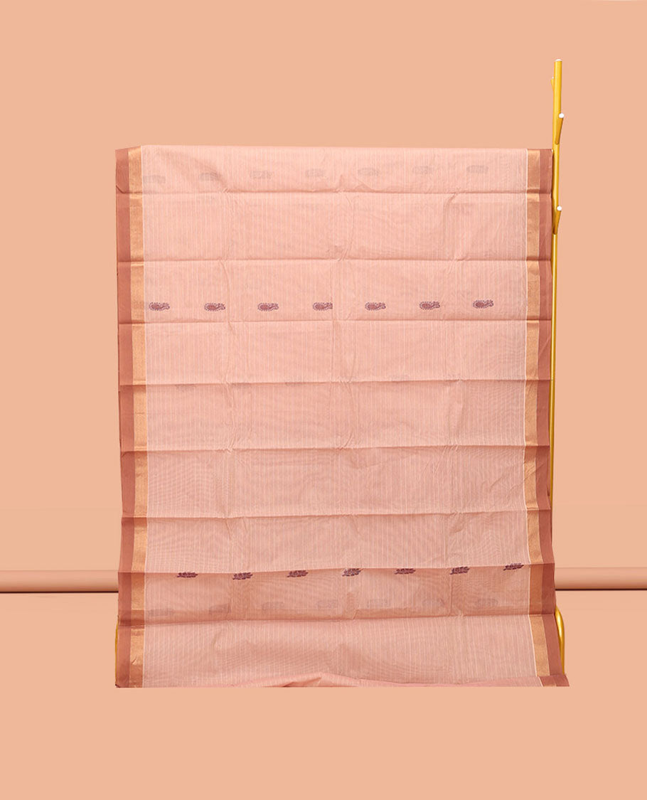 Light Sandal Kanchi Cotton Saree, Woven with Buttas, Complemented by a Contrast Border, Pallu of Ogee Design, and a Matching Blouse