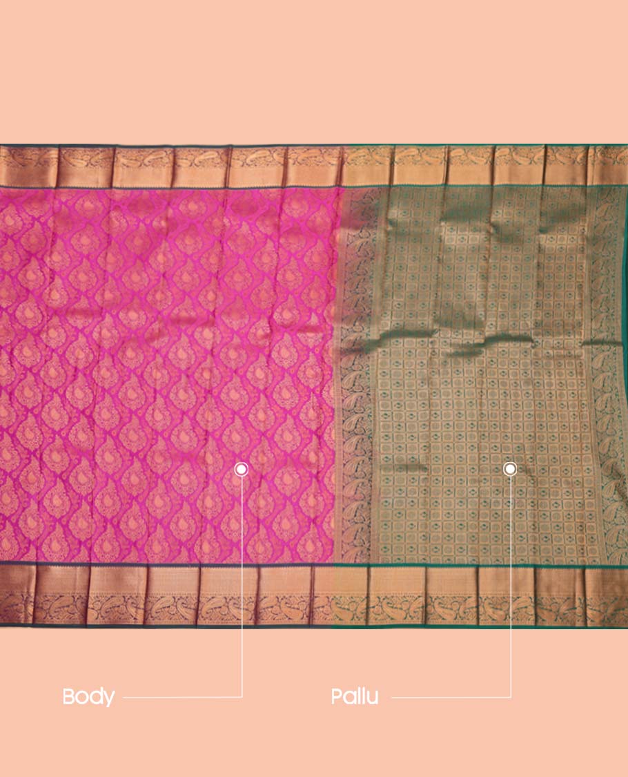 Pink Budget Silk Saree, Spotlighted with Jacquard Design, Complemented by a Contrast Traditional Zari Border, Grand Pallu, and a Contrast Blouse