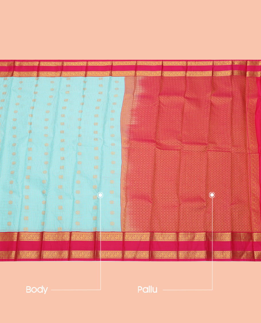 Blue Budget Silk Saree, Richly Detailed with Zari Buttas and Checks, Complemented by a Contrast Traditional Zari Rettai Pettu Border, Jaal Pallu, and Contrast Blouse