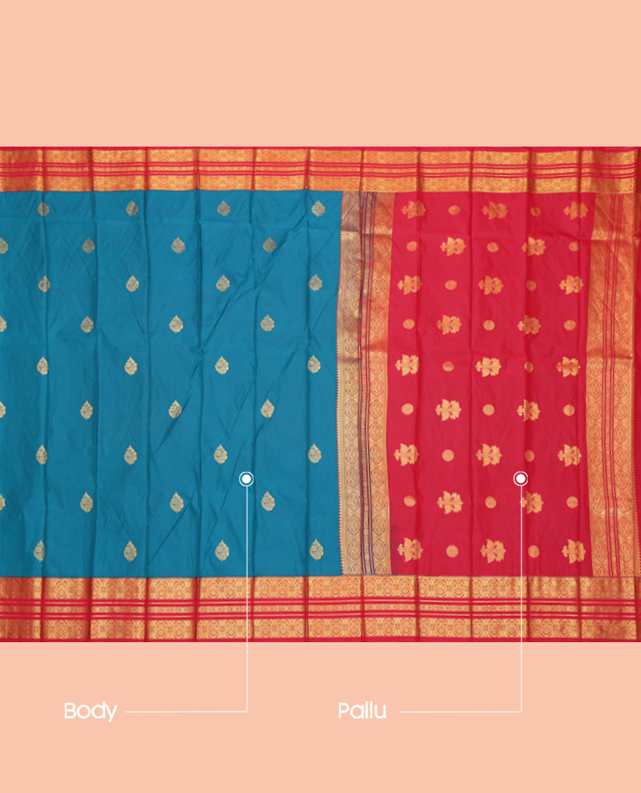 Blue Budget Silk Saree, Enriched with Zari Buttas, Complemented by Contrast Traditional Zari Border, a Grand Pallu and a Contrast Blouse
