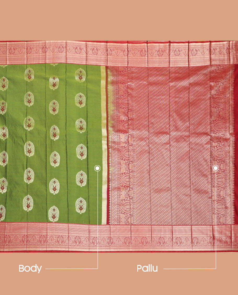 Green Budget Silk Saree, Bedecked with Zari Buttas, Captivating Contrast Traditional Zari Design Border, Intricately Designed Pallu, and Has a Contrast Blouse