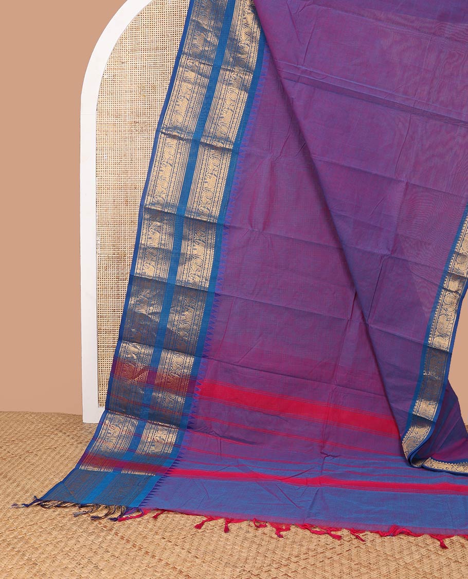 Purple chettinad cotton saree with contrast rettai pettu zari design border & striped pallu