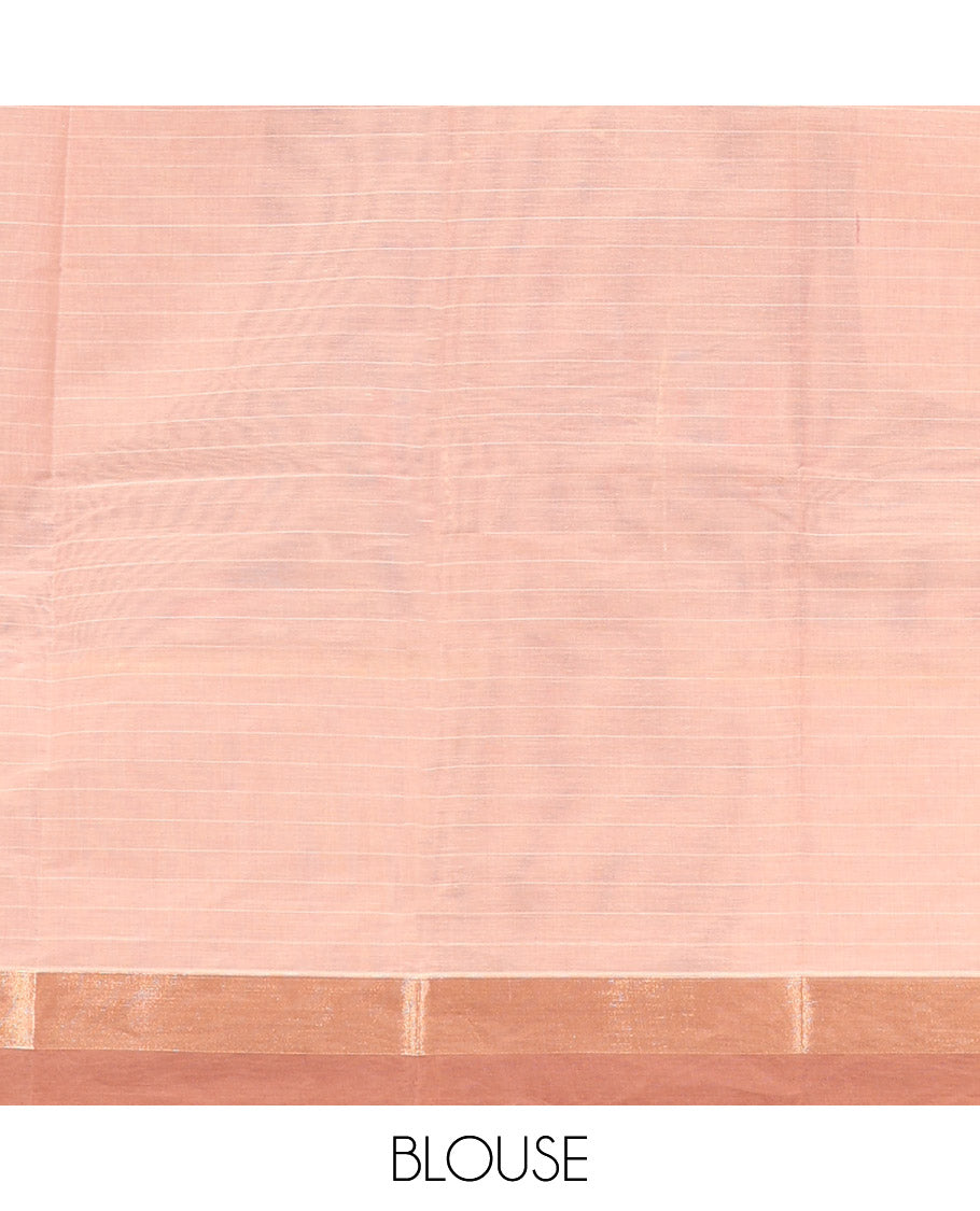 Light Sandal Kanchi Cotton Saree, Woven with Buttas, Complemented by a Contrast Border, Pallu of Ogee Design, and a Matching Blouse
