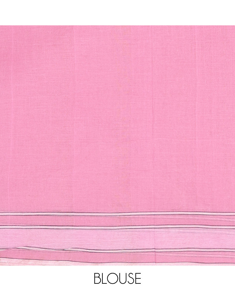 Pink Bengal Cotton Saree, Decked Up with Thread Buttas, a Subtle Border, Pallu of Stripes and Buttas, and a Matching Blouse