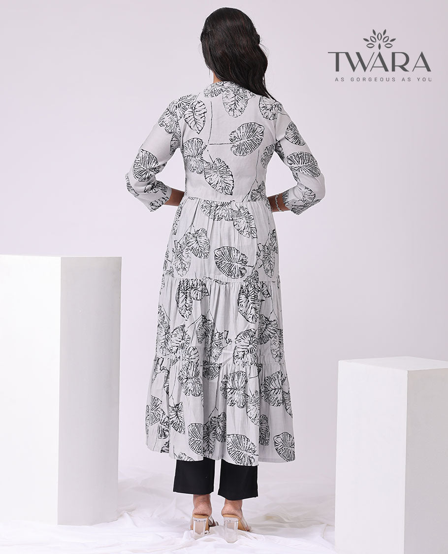 Twara Grey leaf printed v neck, 3/4 th sleeve , below knee lenght kurti