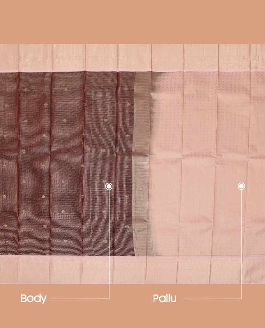 Brown Budget Silk Saree, Dazzled with Zari Buttas and Checks, a Contrast Traditional Zari Border, Grand Pallu, and a Contrast Blouse
