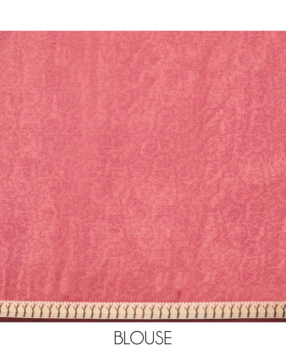 Pink micro-motifs printed semi-banaras printed saree, contrast paisley border & intricate pallu