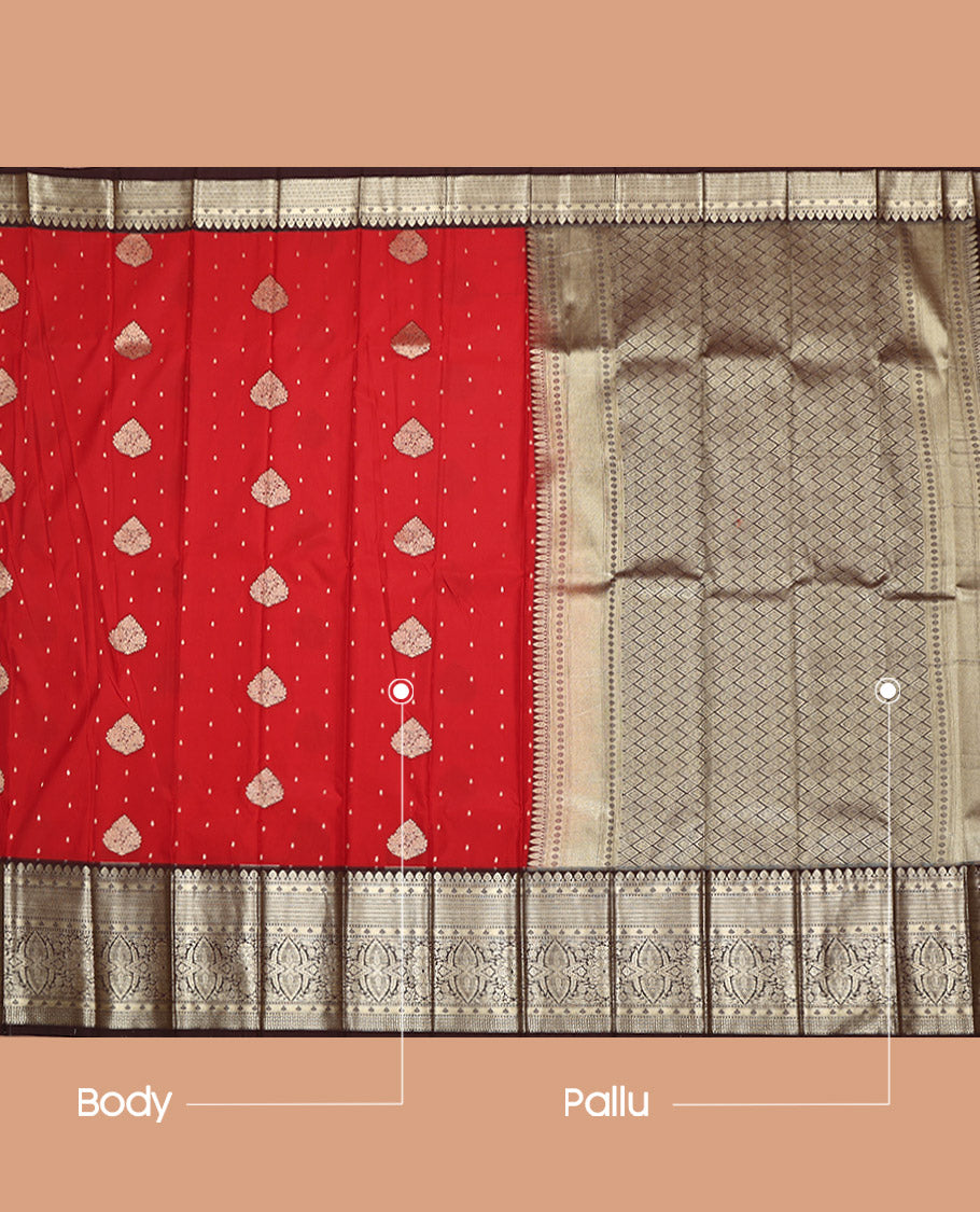 Maroon Budget Silk Saree, Spotlighted with Zari Buttas on Its Body, Complemented by a Contrast Traditional Zari Design Border, Pallu of Jaal Designs, and Paired with a Contrast Blouse
