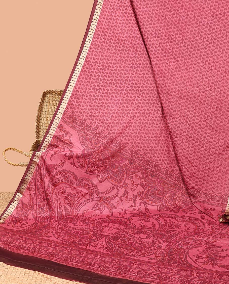 Pink micro-motifs printed semi-banaras printed saree, contrast paisley border & intricate pallu