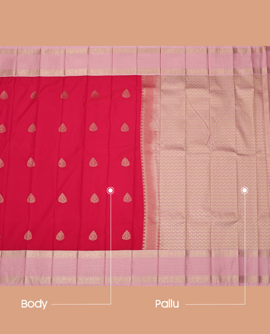 Red Budget Silk Saree, Detailed with Zari Buttas on Its Body, Complemented by a Contrast Traditional Zari Design Border, Grand Pallu, and Paired with a Contrast Blouse