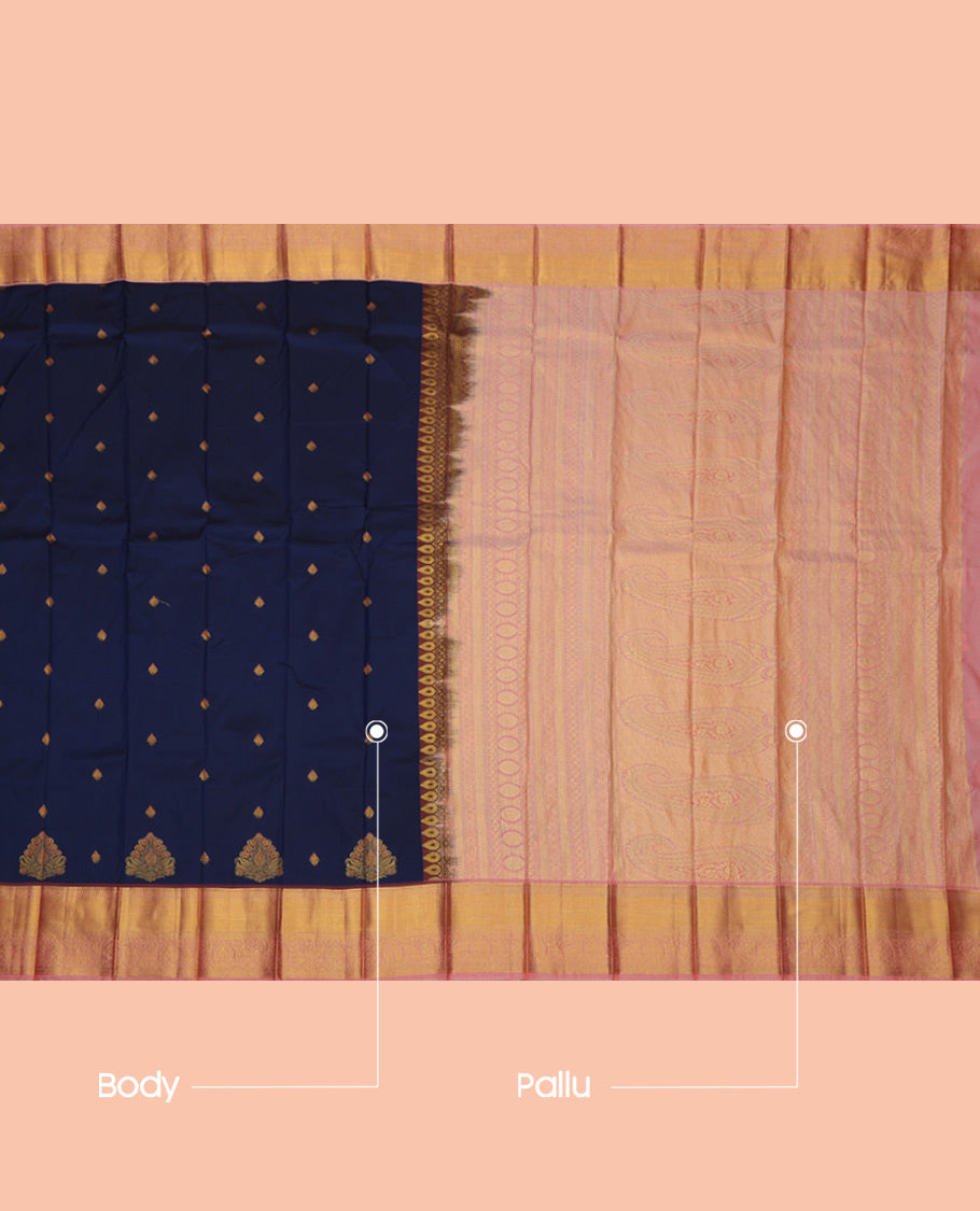 Blue Budget Silk Saree, Ornamented with Zari Buttas, a Contrast Traditional Zari Border, Grand Pallu, and a Contrast Blouse