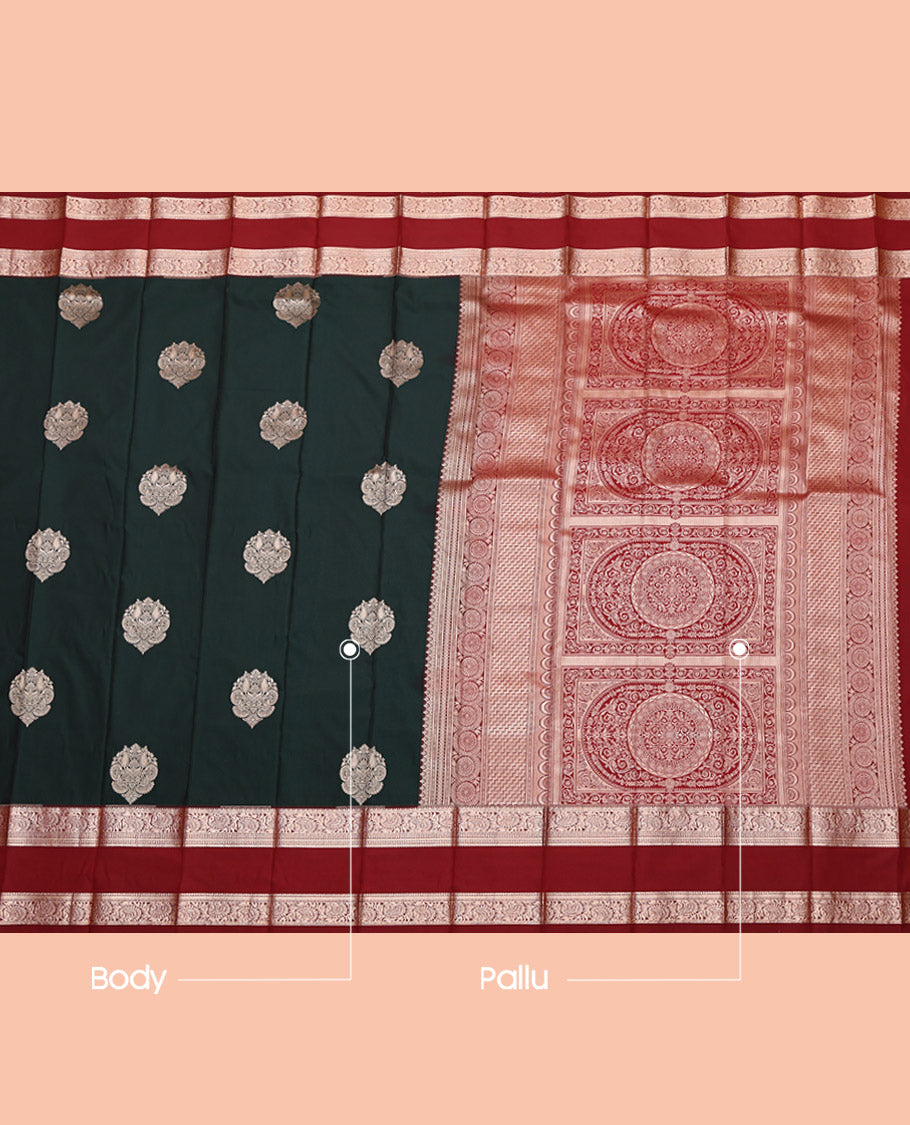 Green Budget Silk Saree, Delicately Woven with Zari Buttas, Complemented by Contrast Traditional Rettai Pettu Border, Grand Pallu and a Contrast Blouse