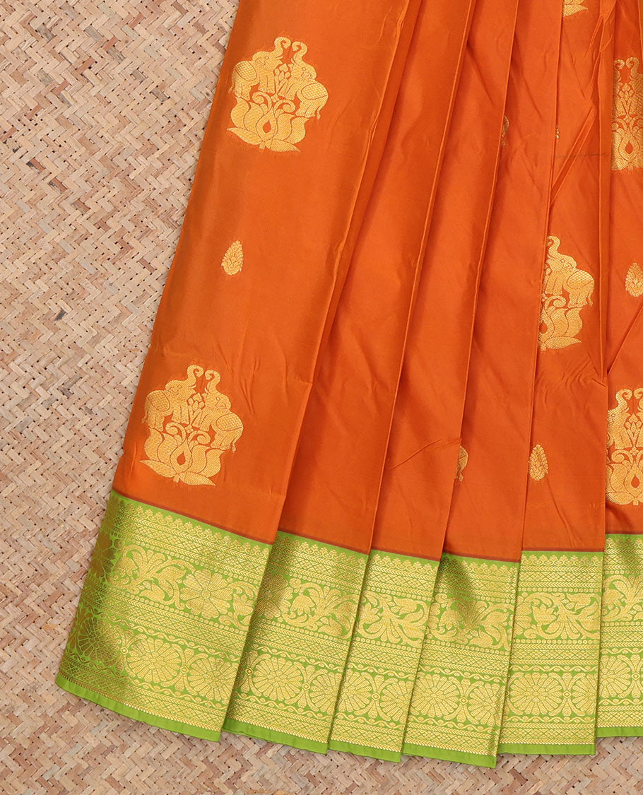 Mustard Budget Silk Saree, Detailed with Zari Buttas, Complemented by Contrast Traditional Zari Border, a Grand Pallu and a Contrast Blouse