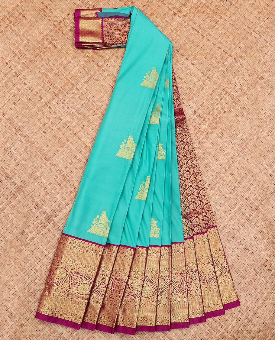 Blue Budget Silk Saree, Detailed with Buttas All Over Its Body, Complemented by a Contrast Traditional Zari Design Border, Intricately Designed Pallu, and Paired with a Contrast Blouse