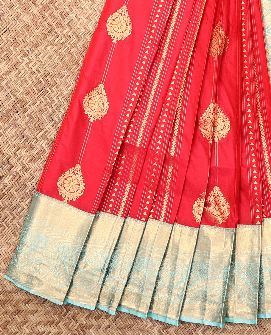 Red Budget Silk Saree, Crafted with Zari Buttas, Complemented by Contrast Traditional Zari Border, a Grand Pallu and a Contrast Blouse