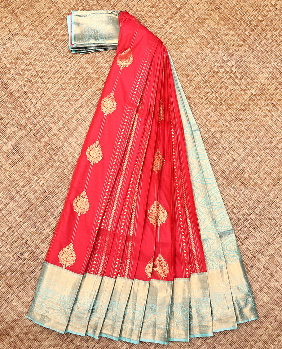 Red Budget Silk Saree, Crafted with Zari Buttas, Complemented by Contrast Traditional Zari Border, a Grand Pallu and a Contrast Blouse