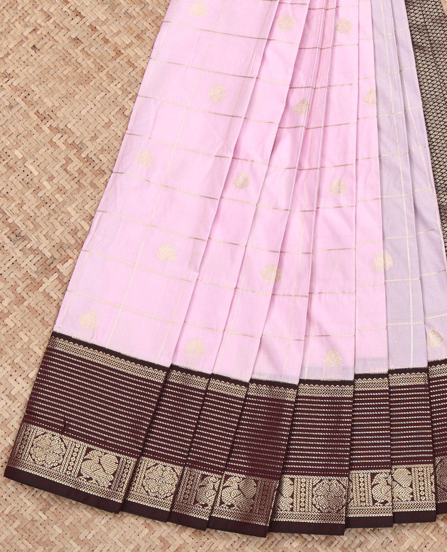 Baby Pink Budget Silk Saree, Embellished with Zari Butta Enclosed Checks on Its Body, Complemented by a Contrast Traditional Zari Design Border, Grand Jaal Pallu, and Paired with a Contrast Blouse