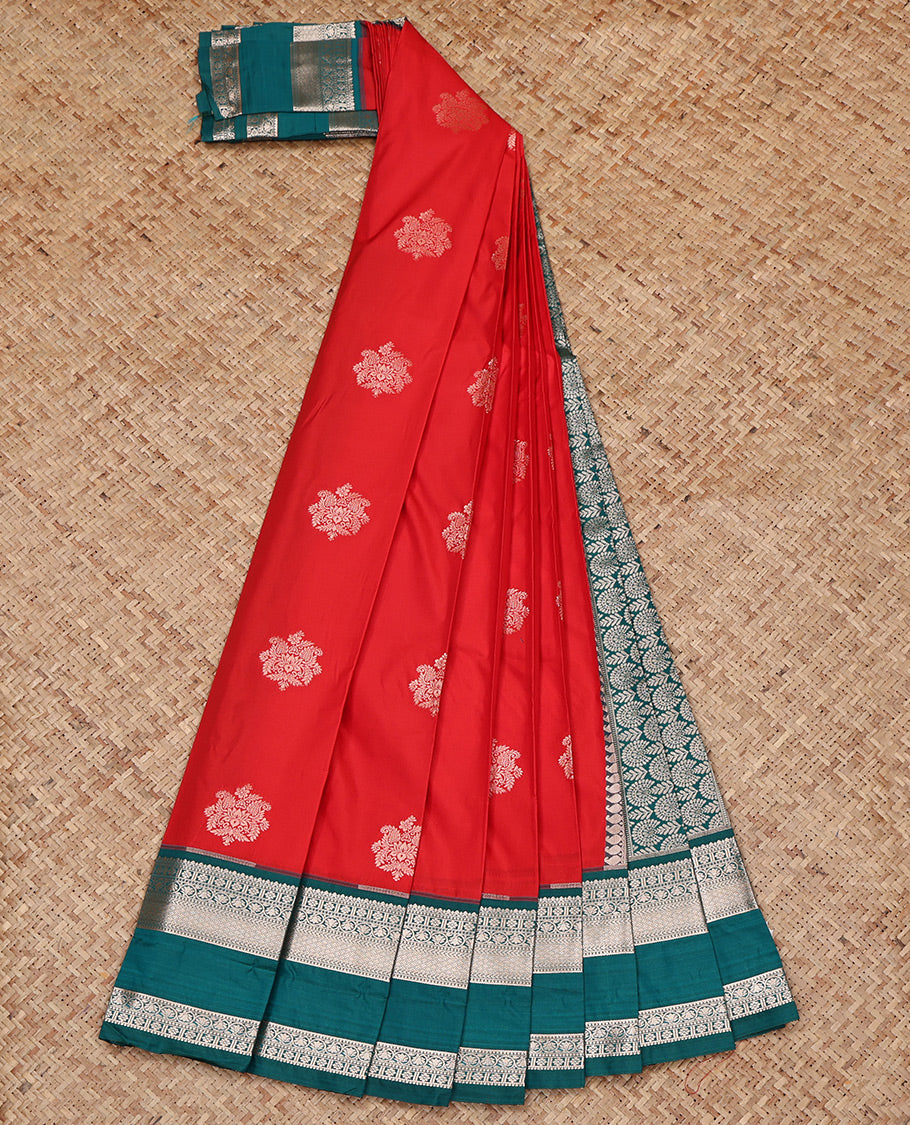 Red Budget Silk Saree, Adorned with Zari Buttas All Over Its Body, Complemented by a Contrast Traditional Zari Design Rettai Pettu Border, Intricate Pallu, and Paired with a Contrast Blouse