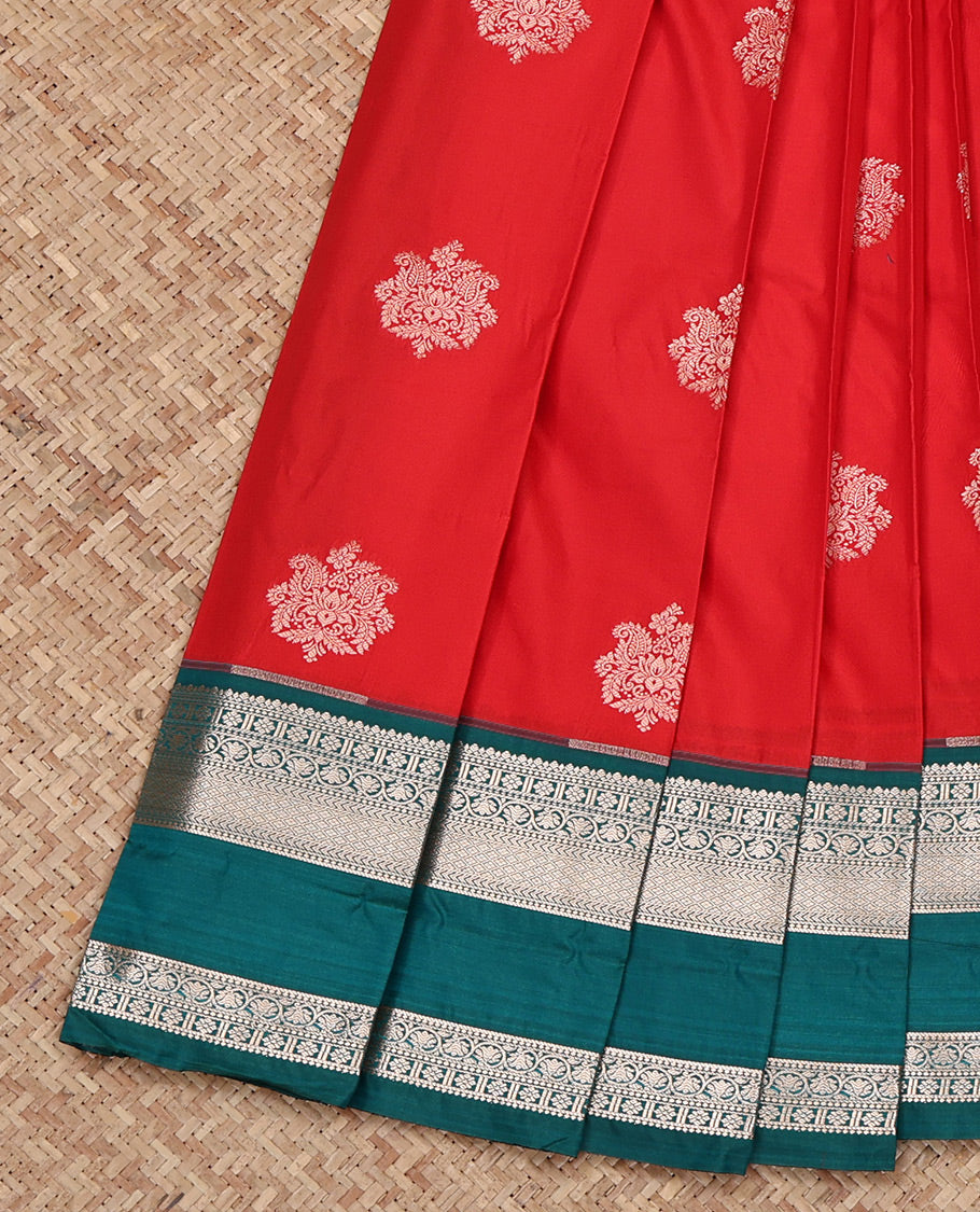 Red Budget Silk Saree, Adorned with Zari Buttas All Over Its Body, Complemented by a Contrast Traditional Zari Design Rettai Pettu Border, Intricate Pallu, and Paired with a Contrast Blouse