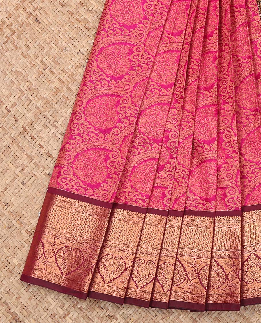 Pink Budget Silk Saree, Delicately Woven with Jacquard Design, Complemented by a Contrast Traditional Zari Border, an Intricate Pallu, and a Contrast Blouse