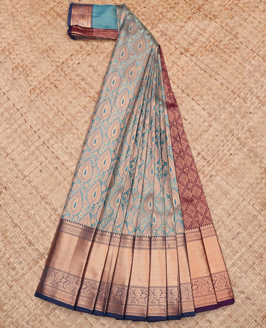 Blue Budget Silk Saree, Gleamed Up with Jacquard Design, Complemented by a Contrast Traditional Zari Border, Jaal Pallu, and Contrast Blouse