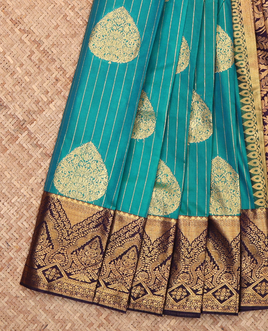 Peacock Blue Budget Silk Saree, Finely Crafted with Zari Buttas and Stripes, Complemented by a Contrast Traditional Border, Grand Pallu, and a Contrast Blouse