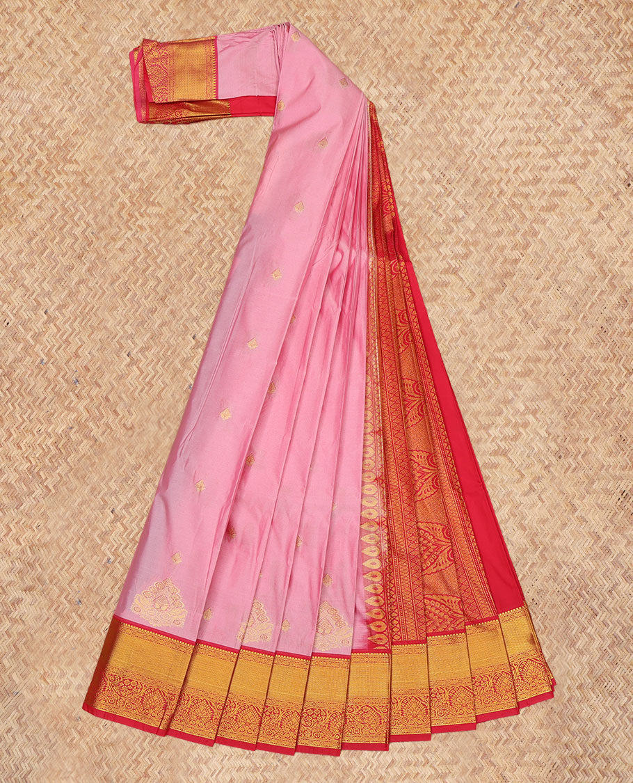 Pink Budget Silk Saree, Bedecked with Zari Buttas, a Contrast Traditional Zari Border, Grand Pallu, and a Contrast Blouse