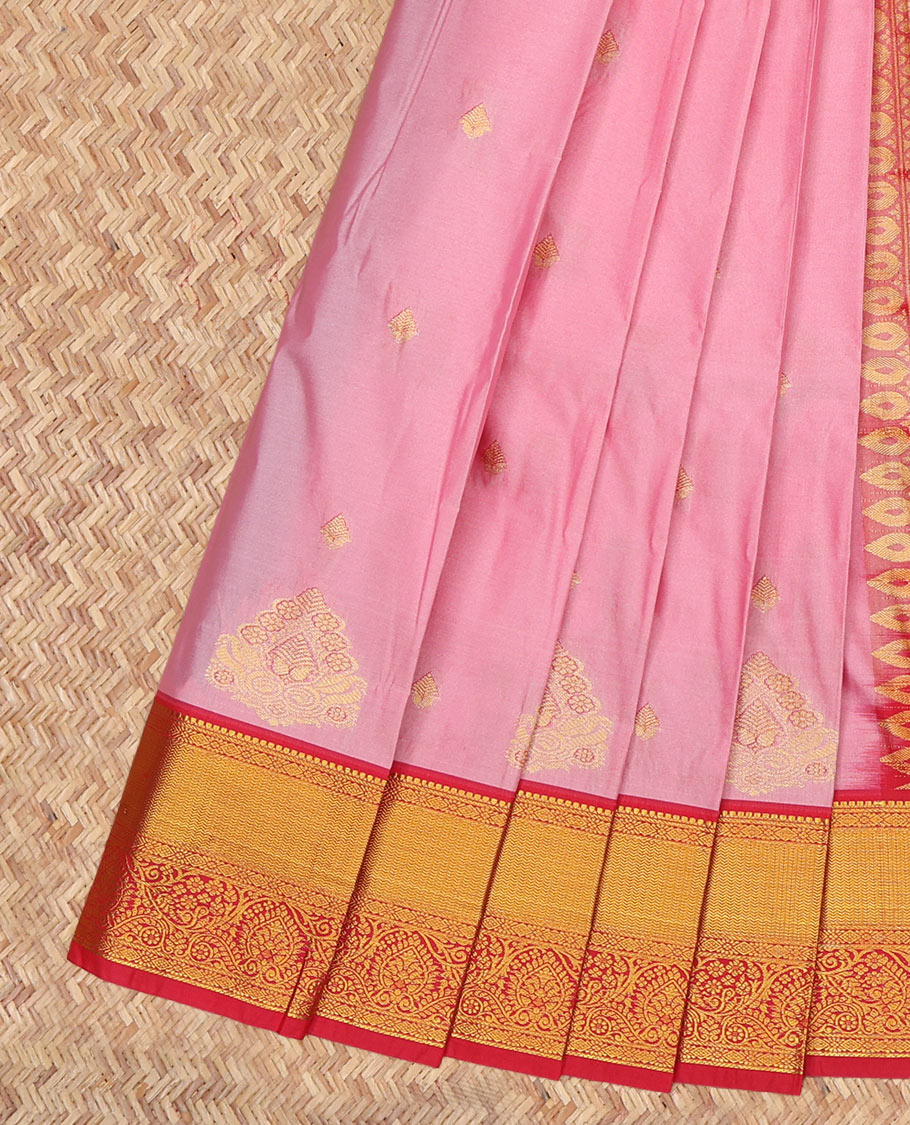 Pink Budget Silk Saree, Bedecked with Zari Buttas, a Contrast Traditional Zari Border, Grand Pallu, and a Contrast Blouse