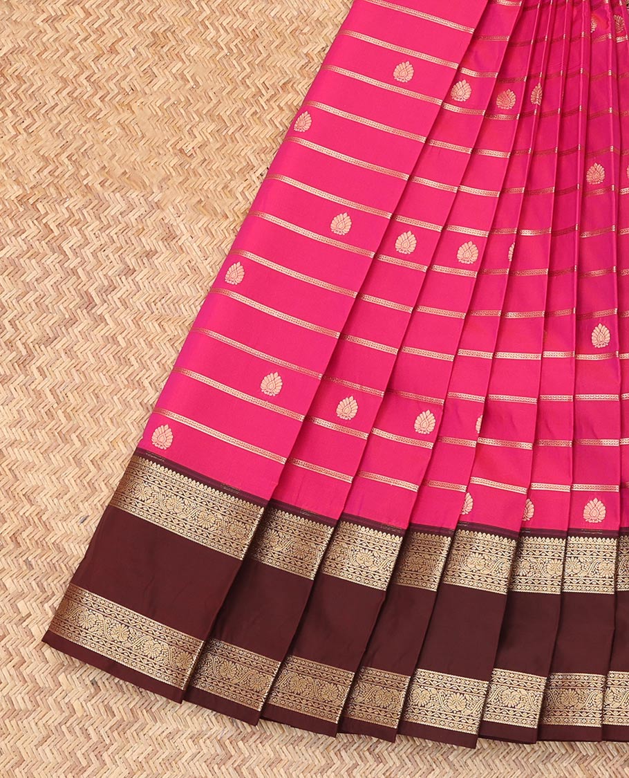 Pink Budget Silk Saree, Enthralled with Zari Buttas and Stripes, Complemented by Contrast Traditional Rettai Pettu Zari Border, a Grand Pallu and a Contrast Blouse