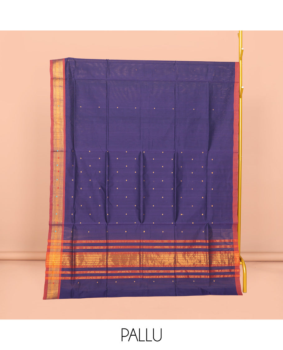 Dark Blue Venkatagiri Cotton Saree, Elevated with Buttas, a Contrast Zari-Thread Border, Pallu of Stripes, and No Blouse