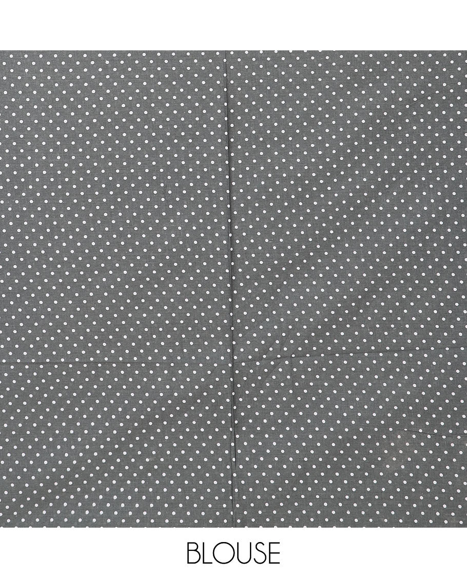 Grey batik-style triangle motifs mul mul cotton saree, batik-style printed border & floral-geometric printed pallu