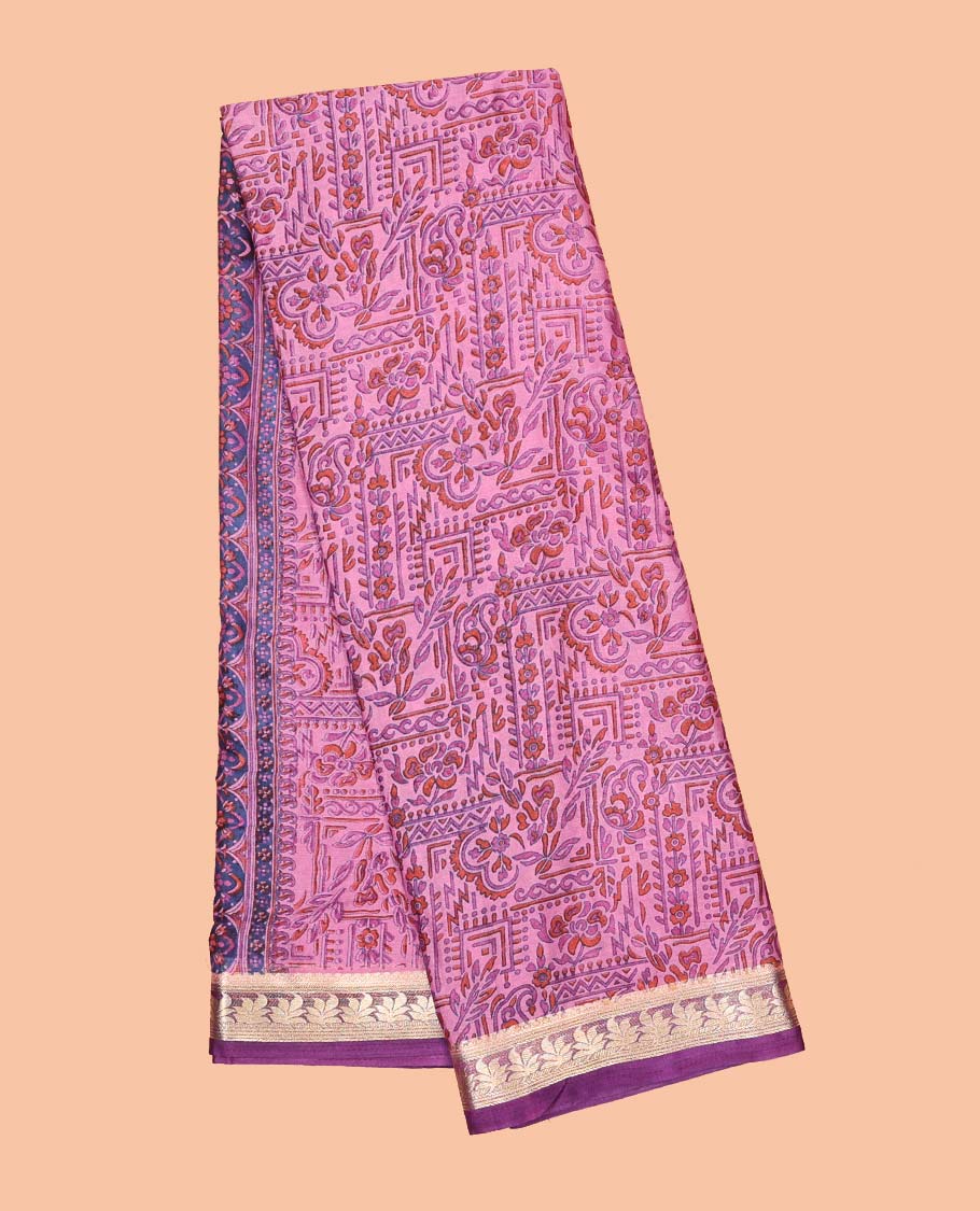Lavender intricately printed semi-banaras printed saree, contrast floral border & intricate pallu