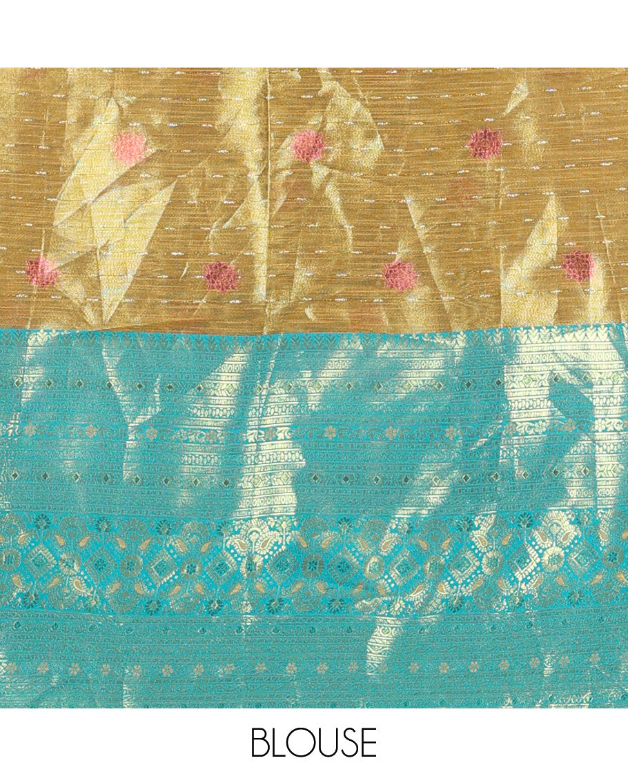 Green art silk half-saree, thread buttas woven with contrast traditional zari bordered skirt, matching blouse, and contrast scallop embroidered dhavani