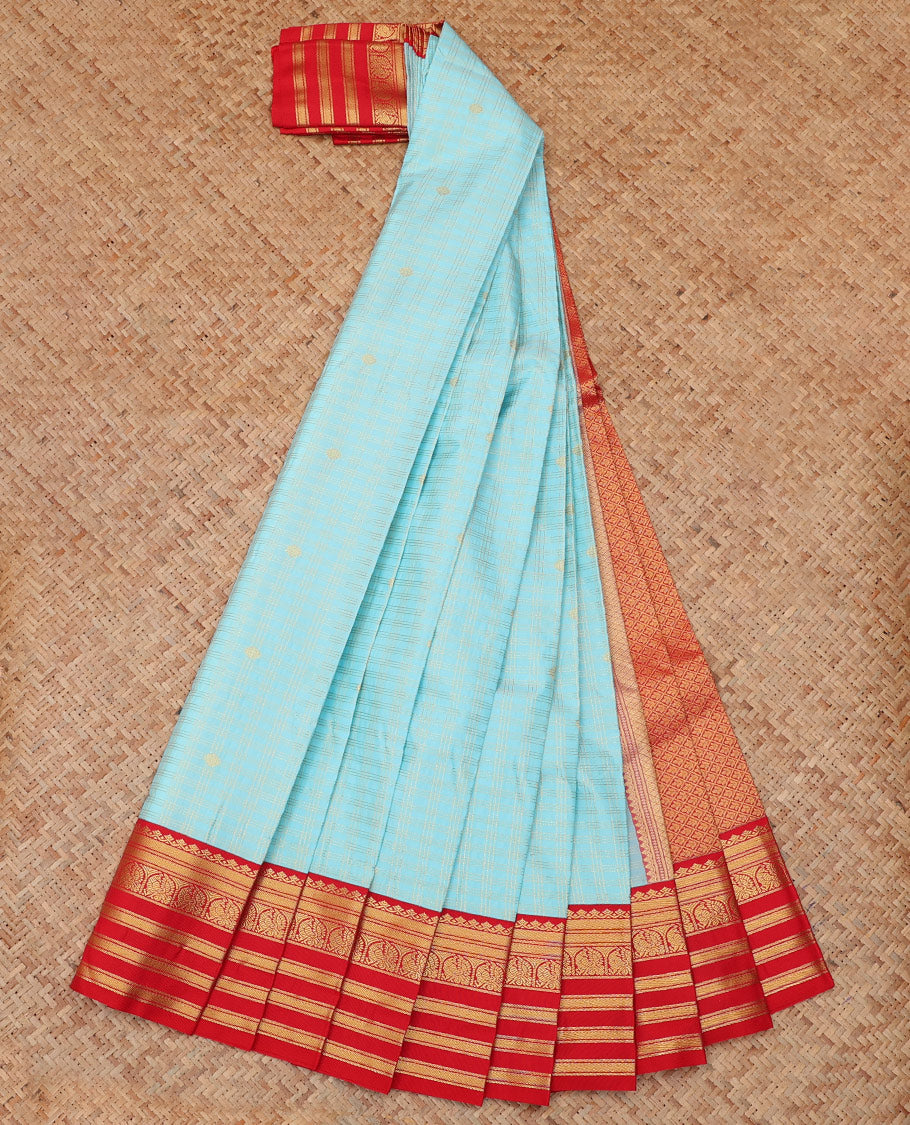 Blue Budget Silk Saree, Detailed with Zari Buttas and Checks, a Contrast Traditional Zari Border, Grand Pallu, and a Contrast Blouse