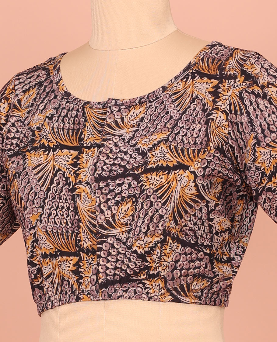 Light Black Cotton Readymade Bedecked with Flora and Geometric Design Print, Featuring a Front Round-Neck, a Back Round Neck, and Elbow Sleeves