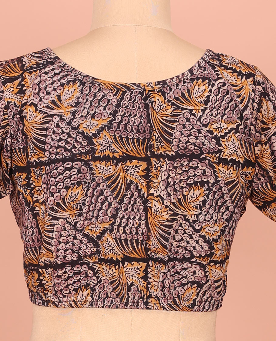 Light Black Cotton Readymade Bedecked with Flora and Geometric Design Print, Featuring a Front Round-Neck, a Back Round Neck, and Elbow Sleeves